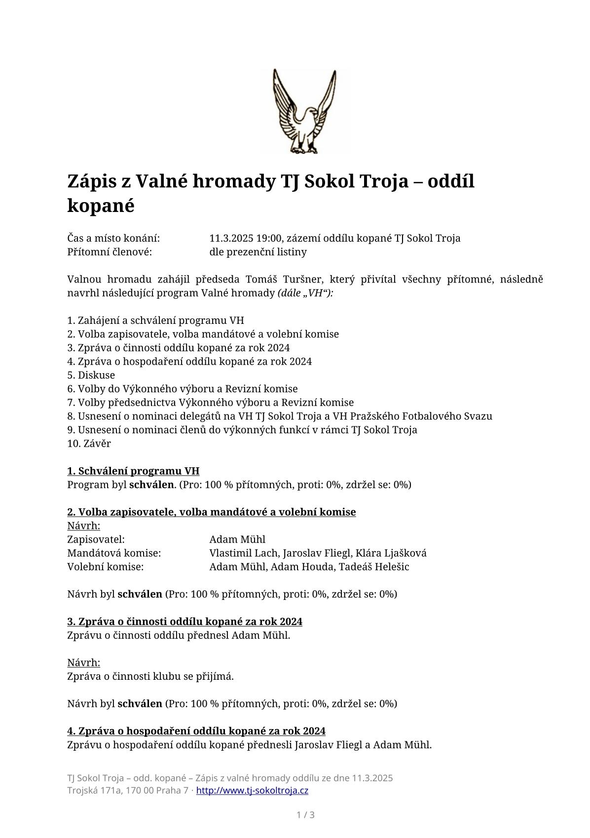 Zápis z Valné hromady TJ Sokol Troja – oddíl kopané