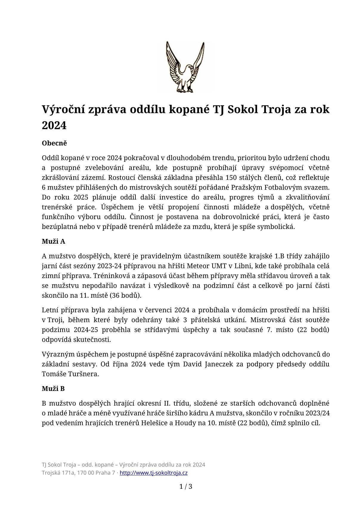 Výroční zpráva oddílu kopané TJ Sokol Troja za rok 2024